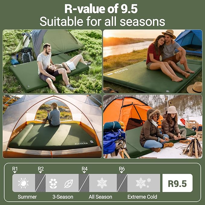 Elegear CumbreX™ Self Inflating Sleeping Pad Built-in Electric Pump 3.15 Ultra-Thick Memory Foam Camping Mattress Pad with Pillow Double Sleeping Pad for Camping R-Value 9.5 Foam Camp Pad - Full