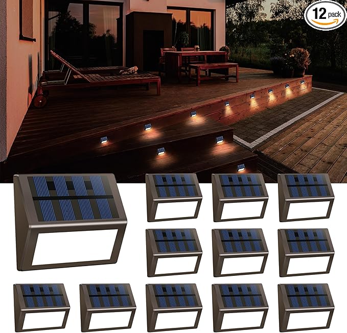 Luminara Solar Step Lights - Weatherproof Outdoor Stair Lighting Solar-Powered Deck Lights for Patio Garden Pathway Warm White Glow (12)