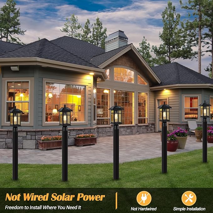 Solar Post Lights 2 Packs Waterproof Post Lantern with Pier Mount Base Aluminum Post Lamp Warm White Bulb Included for Yard Garden Pillar Pole Pathway