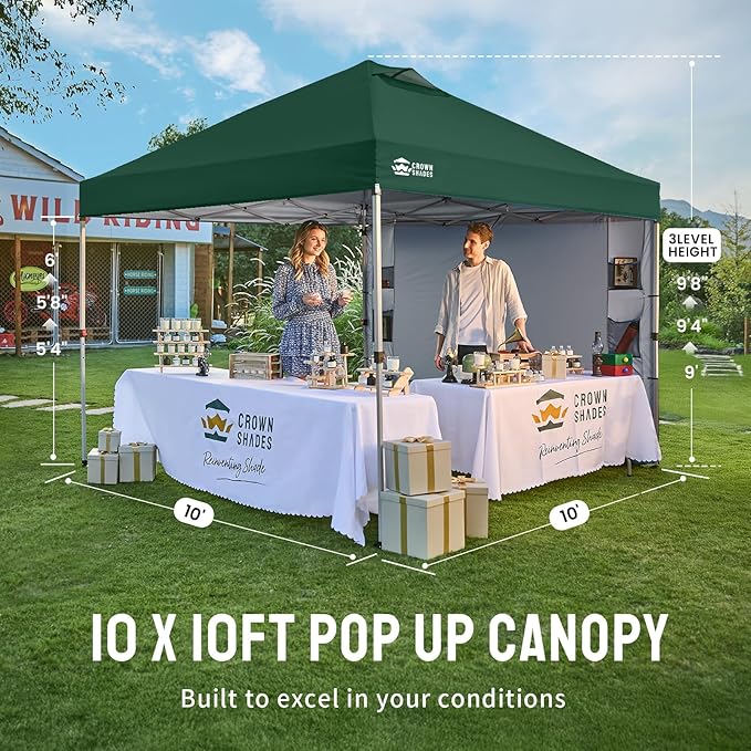 CROWN SHADES Canopy Tent 10x10 Pop Up Canopy Outdoor Shade with Pockets Sidewall Easy Up Sun Shelter with One Person Set Up Center Lock Portable Instant Camping Beach Canopy Tents Forest Green