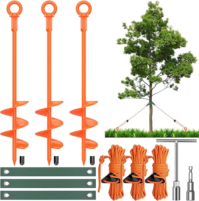 3 Pack 18 Tree Stake Kit Heavy Duty Spiral Stakes and Supports for Leaning and Young Trees Straightening Protect Trees from Bad Weather (Orange)