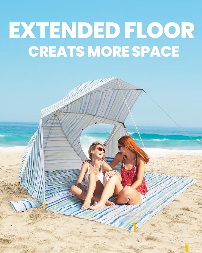 OutdoorMaster Pop Up Beach Umbrella Portable Beach Tent Shelter Beach Shade Sun Canopy with UPF 50+ UV Protection Extendable Floor with Carrying Bag