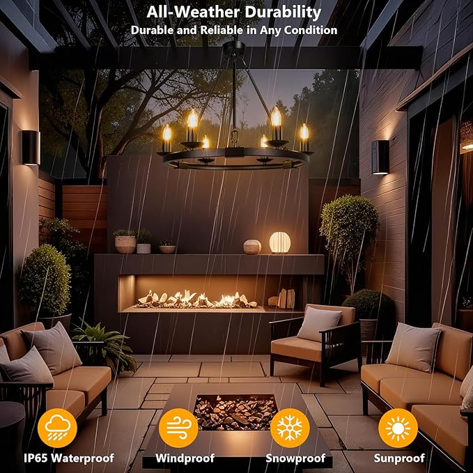 Solar Outdoor Chandelier 6-Light 19 Chandelier Outdoor Waterproof Dimmable Hanging Pendant Lights Farmhouse Style for Gazebo Porch Patio Pergola Decor Lighting