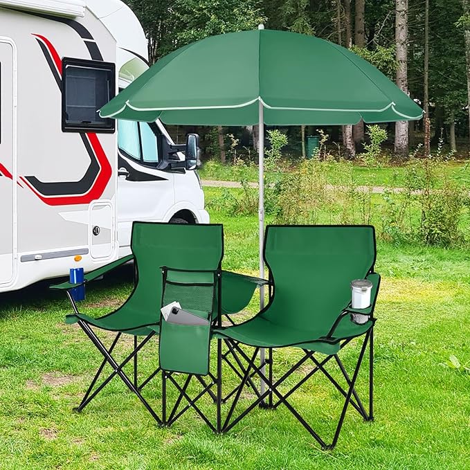 COSTWAY Double Portable Picnic Chairs Folding Camping Chairs w/Detachable Umbrella Cooler Bag Cup Holders Patio Beach Camping Chairs for Outdoors Green