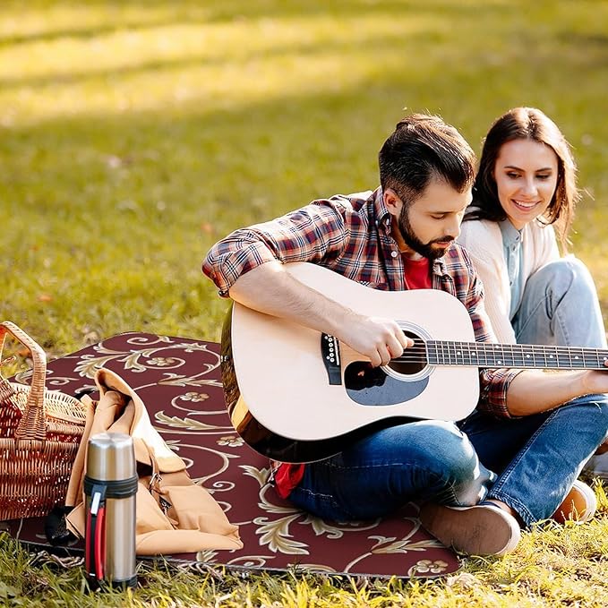 Flower Maroon Gold Floral Classy Burgundy Antique Waterproof Outdoor Picnic Blanket Sandproof Beach Mat for Camping Hiking Grass Travelling