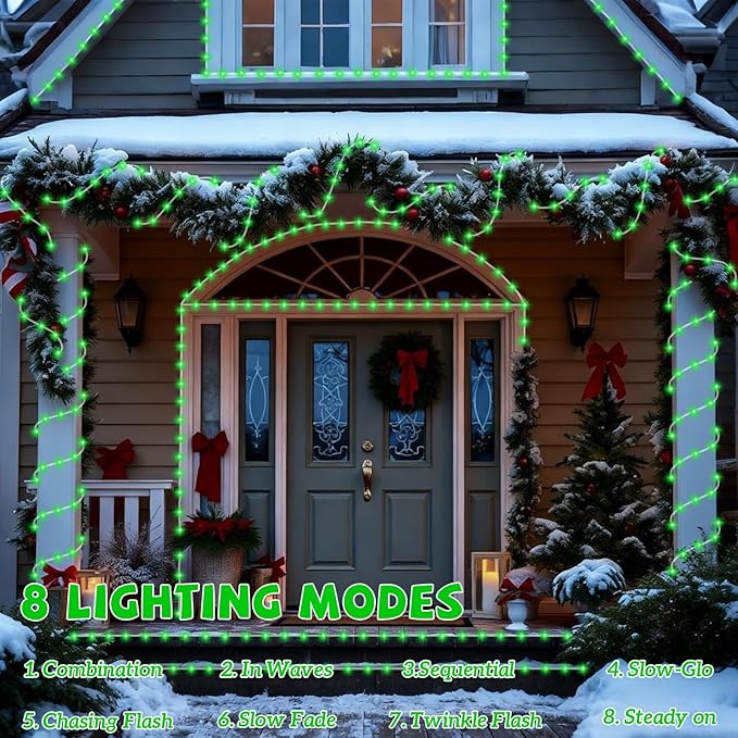 YEGUO Solar Christmas Light Outdoor Waterproof 66ft 200 LED Green Rope Lights 8 Modes Tube String Lights in Clear Thin Tube