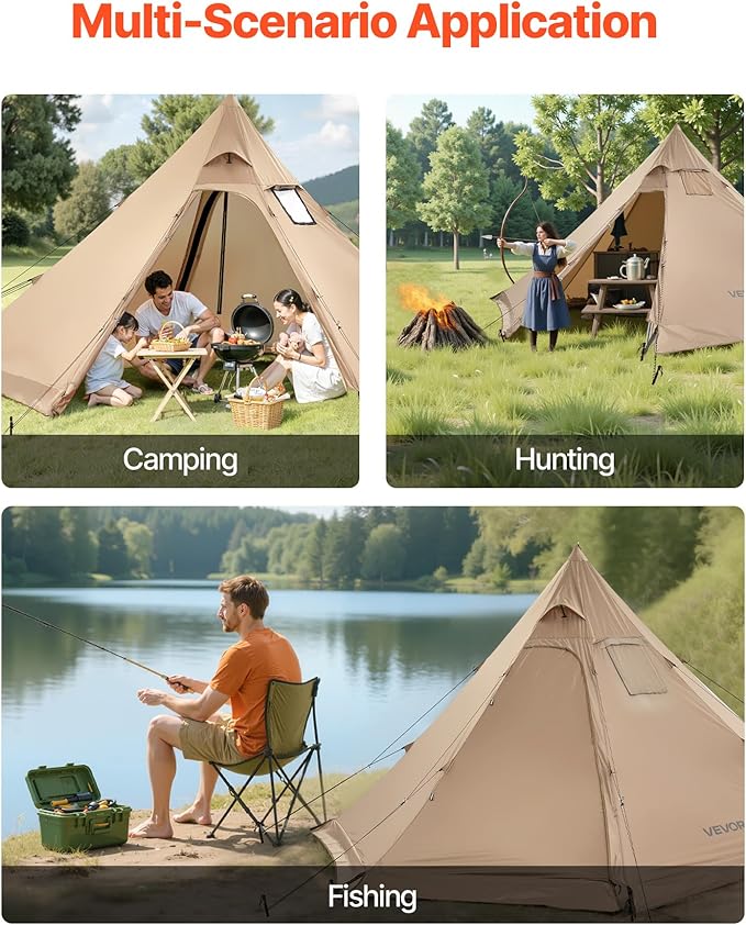 VEVOR Hot Tent Camping Tipi Hot Tents with Stove Jack Portable Winter Camping Tents with Snow Skirt Easy Setup Waterproof 4 Season Shelter Tents for Fishing Backpacking