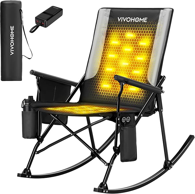 VIVOHOME 45W Padded Heating Rocking Camping Chair with 27000mAh Power Bank Heated Oversized Portable Lawn Chair for Outdoor Sports 3 Levels of Heat Overheat Protection System Black and Gray