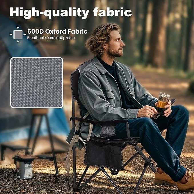 LET'S CAMP Oversized Outdoor Folding Camping Chair 2 Pack Heavy Duty Arm Chairs with Cup Holder and Storage Bag 350 LBS Weight Capacity Grey