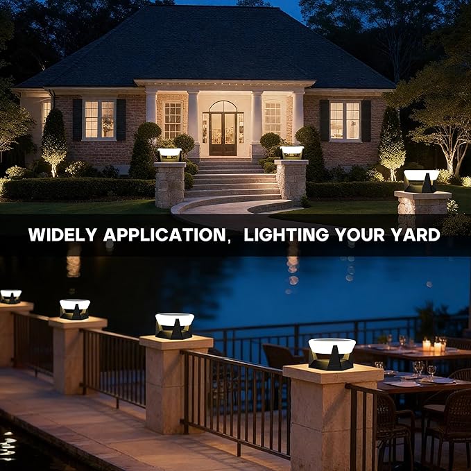 Solar Post Lights with Remote Control Modern Pillar Light Dusk to Dawn IP54 Waterproof Solar Post Cap Lights with 3200K LED Outdoor Light Fixture for Garden Deck Patio Outside Lighting (Geometric)