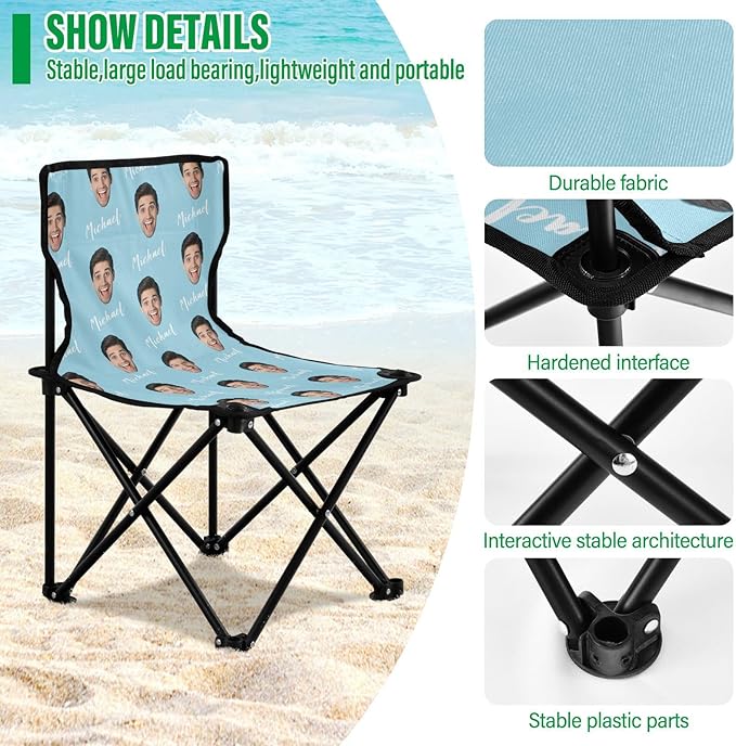 Sinestour Pale Blue Custom Photo Folding Camping Chair for Teen Child Personalized Name 14.6×14.6in Portable Outdoor Chair with Carry Bag for Beach Picnic Barbeques