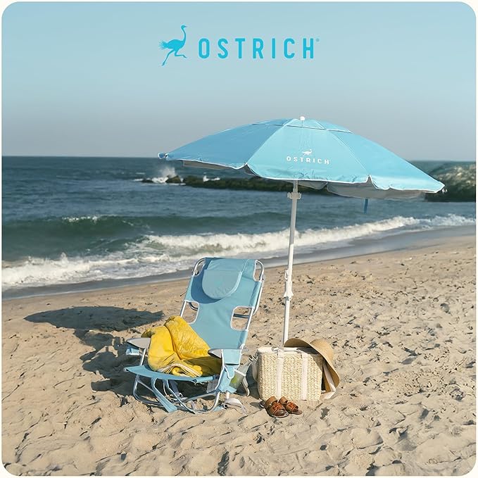 Ostrich The Deluxe Backpacker Portable Beach Chair with Cooler Bag Carry Straps Umbrella Carry System Cup Holder &amp 275lb Capacity Light Blue