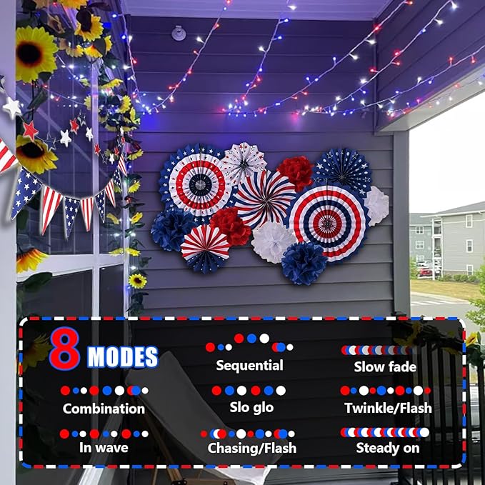 YEGUO 165ft 500 LED Red White and Blue Lights 4th of July Decorations String Lights Plug in Indoor Outdoor 8 Modes Clear Wire Patriotic Light for Independence Day Holiday Memorial Day Party Decor