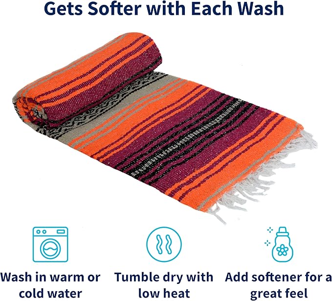 La Montana Mexican Blankets and Throws 4 Pack 74x50 - Made in Mexico Lightweight Yoga Blanket for Schools Studios Outdoors Camping Picnic Decor - Machine Washable Hot Pink/Orange/Tan