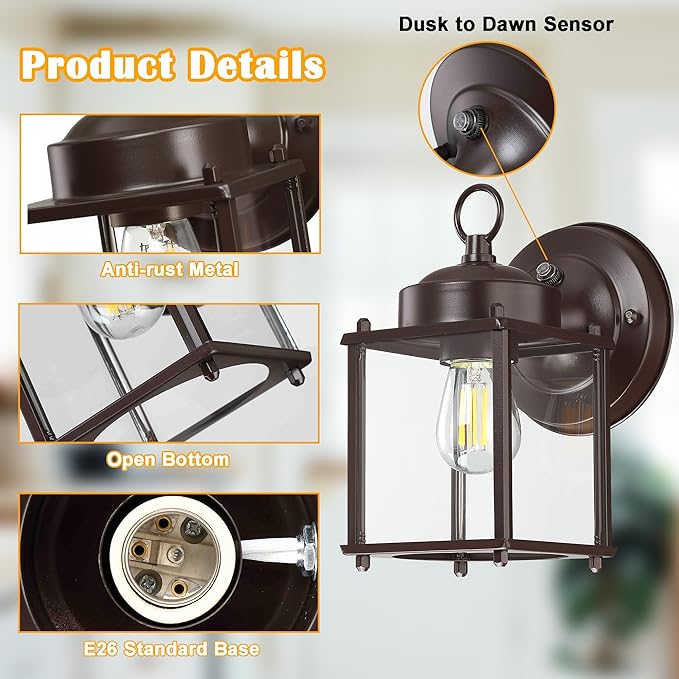 Dusk to Dawn Outdoor Wall Lantern Modern Exterior Light Fixtures Wall Mount Waterproof Front Door Wall Lighting with Clear Glass Bronze Outdoor Wall Lights for House Garage 4-Pack