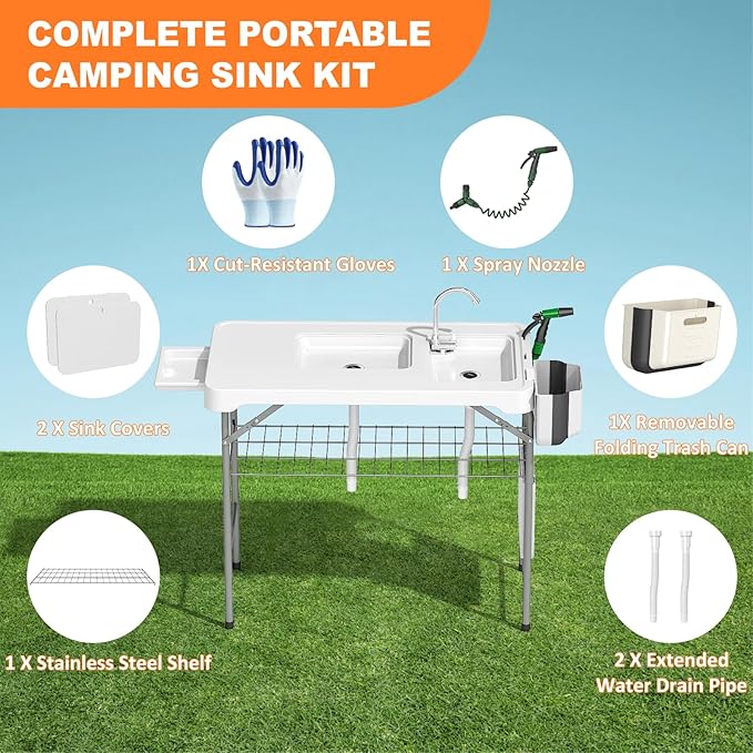 Folding Fish Cleaning Table with 2 Sinks 42.5'' Portable Camping Sink Table with Foldable Faucet Drainage Hose Sprayer Storage BoxDrawer &amp Grooves Outdoor Fillet Station for Picnic White