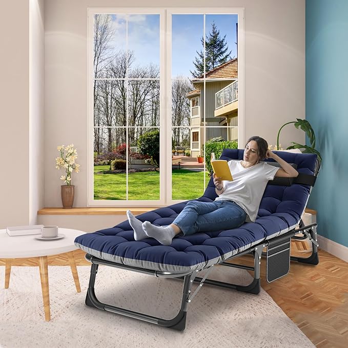 ABORON 5 Positions Camping Cots for AdultsOutdoor Folding Sleeping Cot/MatFolding Chaise Lounge Chair with PillowPortable Reclining Chair for Beach Lawn Camping PoolSunbathing Chairs