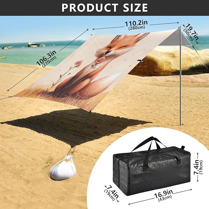 ALAZA Fox Poppy Flower Beach Tent Sun Shelter UPF50+ Protection Beach Shade Canopy w/ 4 Sandbags for Outdoor Camping Fishing Backyard Fun Picnic 10x9 ft