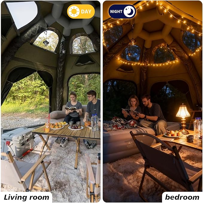 Inflatable Tents for Camping 6-8 People142 Square Feets Cotton Igloo Tent 4 Season Blow up Tents with Waterproof Tarp Glamping Inflatable Hot Tent with Stove Jack