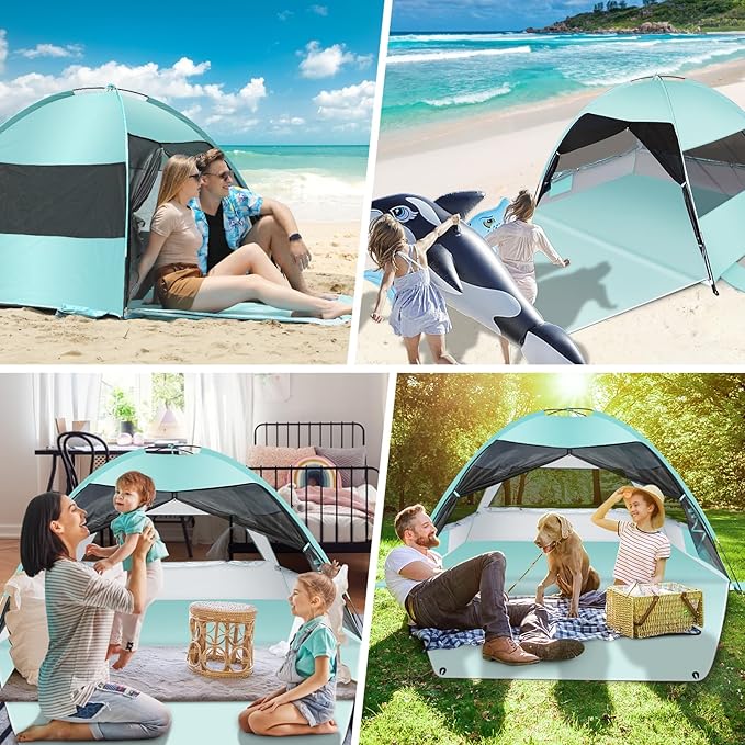 Large Easy Setup Beach TentAnti-UV Beach Shade Beach Canopy Tent Sun Shade with Extended Floor &amp 3 Mesh Roll Up Windows Fits 3-4 PersonPortable Shade Tent for Outdoor Camping Fishing (Mint Green