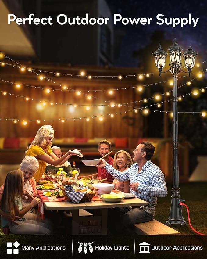 VIANIS Outdoor Lamp Post Light with Outlet Dusk to Dawn Black Light Lamp Posts for Outside with 3 Head Waterproof Post Lights Outdoor for House Doorway Driveway Anti-Rust