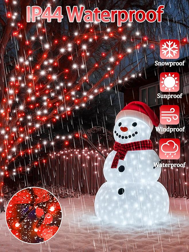 2-Pack 66FT 200 LED Christmas Lights 13 Modes Extendable Christmas Tree Lights with Timer &amp Memory Waterproof Twinkle Fairy Lights Green Wire Outdoor String Lights Indoor for Xmas Tree (Red Whit