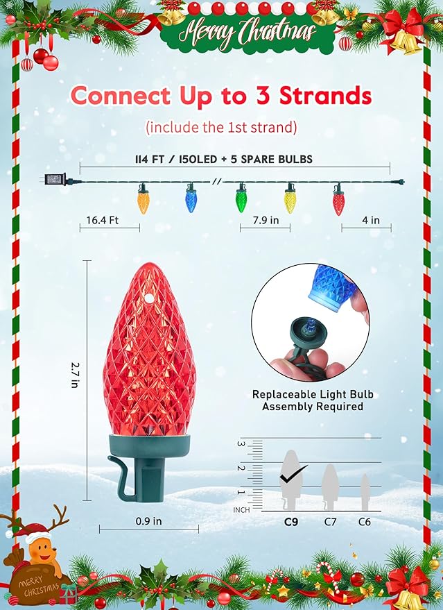 C9 Christmas Lights Outdoor 114 Feet 150 LED C9 String Lights with Timer &amp 8 Light Modes Waterproof Commercial Grade Connectable Christmas Tree Lights for Indoor Outside Roofline Patio Multicol