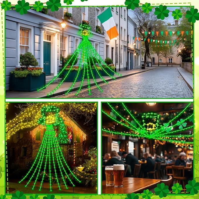 12 ft St Patrick's Day Waterfall String Lights with 320 LED Leprechaun Hat String Lights with 8 Modes Lighted St Patrick's Day Outdoor Decoration for Tree Garden Yard Ireland Party
