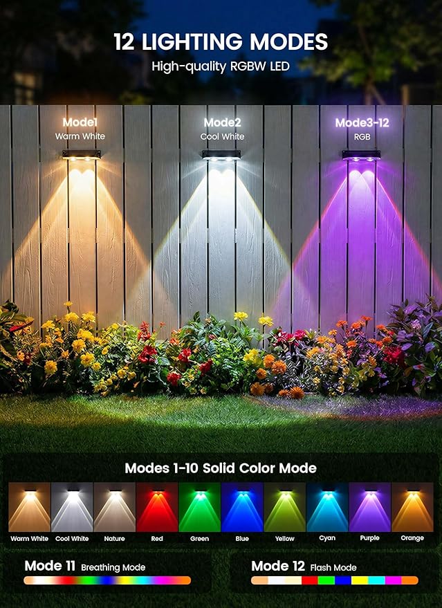 Brightown 6 Pack Solar Lights Outdoor Waterproof Color Changing Solar Fence Deck Step Flood Lights Warm White &amp RGBCW 11 Color IP65 Waterproof Garden Lights for Outside Backyard Yard Step Patio