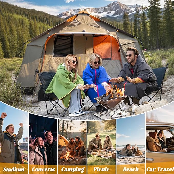 Camping Blanket Poncho Large Wearable Blankets 75 x 55 inch Cape Windproof &amp Water-Repellent Portable &amp Warm for Outdoor Sports Travel Car