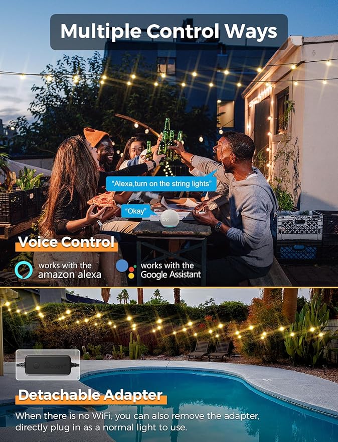 XMCOSY+ Smart Outdoor String Lights 75Ft G40 Globe Patio Lights with 34 Dimmable LED Bulbs WiFi &amp APP Control Work with Alexa Extendable Waterproof LED String Lights for Outside Porch Backya