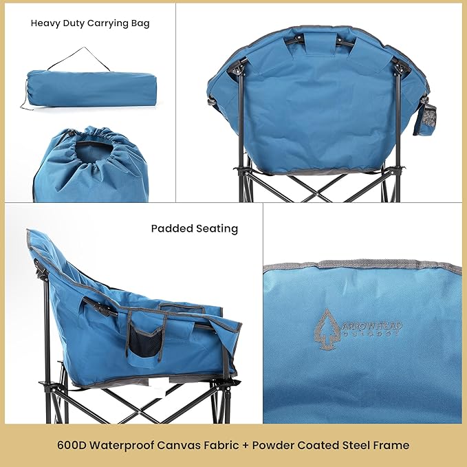 ARROWHEAD OUTDOOR Oversized Heavy-Duty Club Folding Camping Chair with Pocket Cup Holder Portable Padded Moon Round Saucer Supports 330lbs Carrying Bag