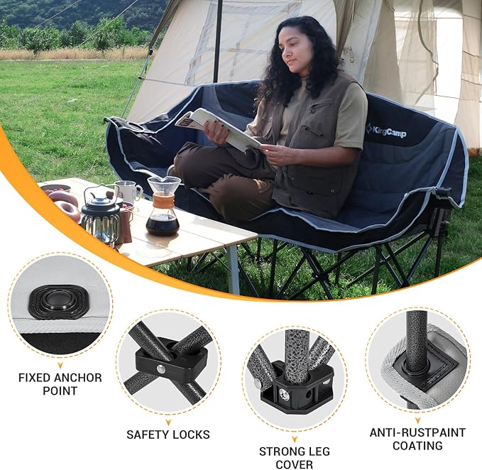 KingCamp 3 Person Camping Chair Oversized 660lbs Heavy Duty Loveseat for Adults Portable Folding XL 2 Person Couch Padded Comfortable Three Seat with Cup Holder for Outdoor Lawn Backyard Black/Grey