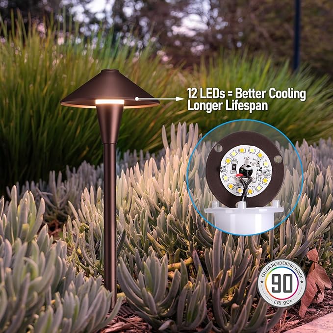 LEONLITE Update 5CCT Low Voltage Pathway Lights LED Landscape Path Lights 1800/2700/3000/4000/5000K Flat Cone Head 12-24V AC/DC IP65 Outdoor Walkway Light Oil Rubbed Bronze Aluminum Pack of 6