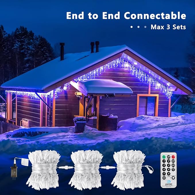 Brizled Blue Icicle Lights 29ft 360 LED Christmas Icicle Lights with Remote 8 Modes Christmas Roof Light with 60 Drops Connectable Xmas Eave Light Outdoor Drop Lighting for Xmas Wedding Holiday
