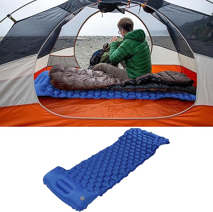 Inflatable Sleeping Pad for Camping | 40D Nylon &amp TPU Laminate Mat | Foot Press Inflation Cushion for Tent/Hiking/Travel | 3D Support 2 - Way Valve 700g Lightweight (Blue)