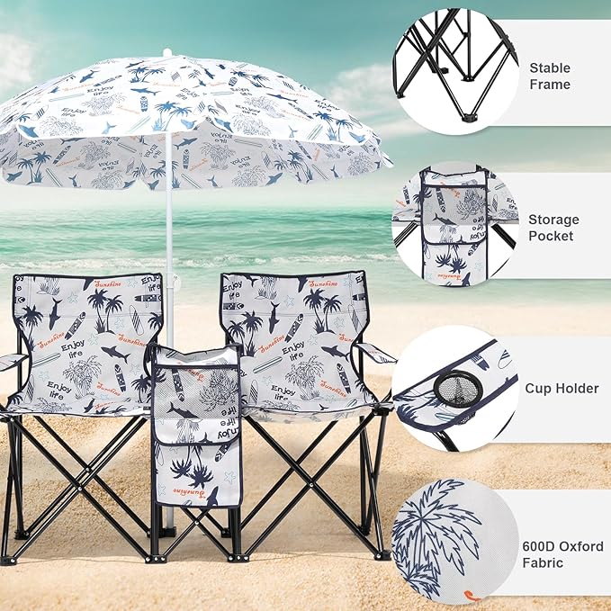 Double Camping Chair with Umbrella Folding Beach Chair Loveseat Chairs with Canopy Shade and Cooler Bag Double Rocker Chair Outdoor for Camping Beach Picnic Fishing Patio Pool Park