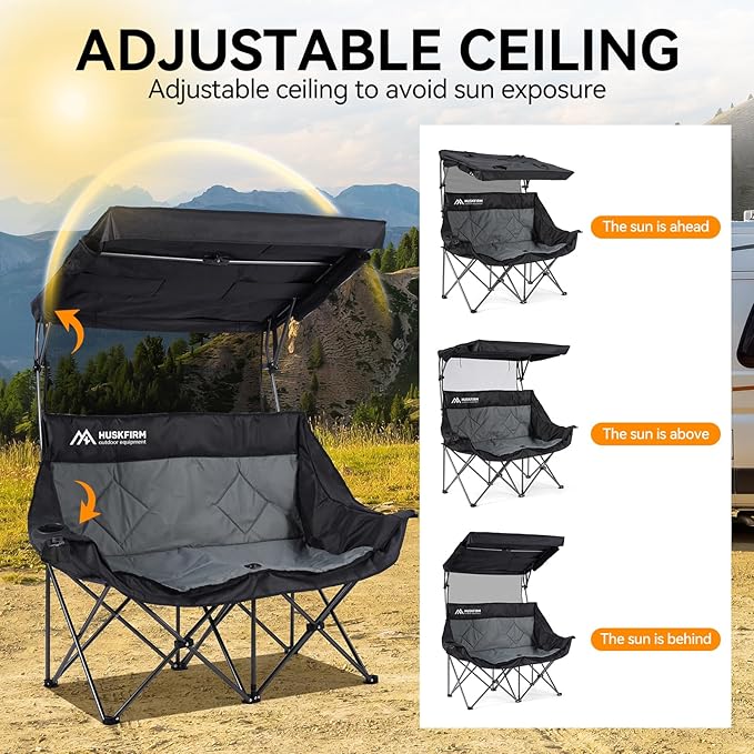 Double Camping Chair with Canopy Shade Folding Double Beach Chair with Adjustable Canopy Heavy Duty Loveseat Camping Chair with Two Cup Holders and Carry Bag for Outside Beach Fishing Sports