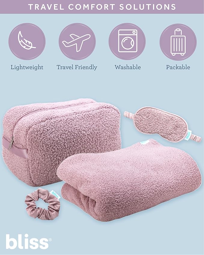 Bliss Womens Travel Blanket Set - 4 Piece Plush Microfiber Packable Travel Blanket with Relaxing Sleep Mask Carry On Case and Satin Hair Tie Pink Gaze