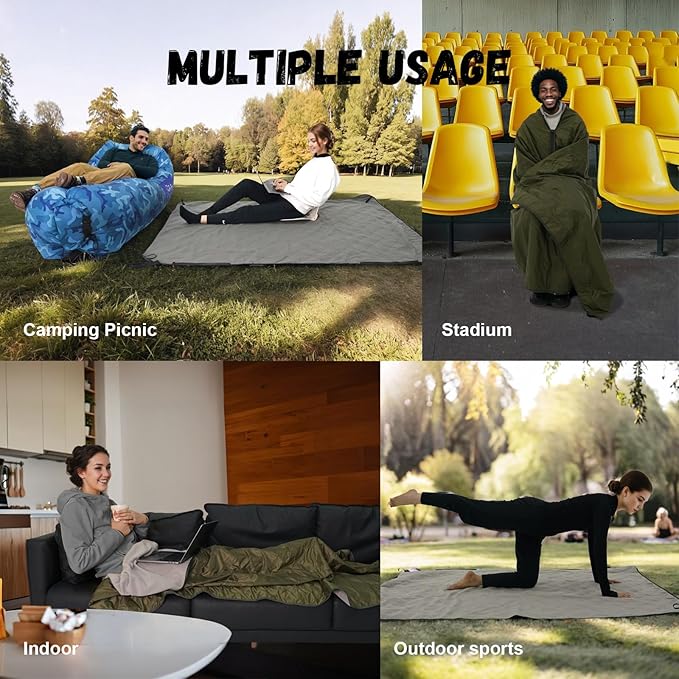 Wearable Warm Camping Blanket Waterproof Windproof Quilted Fleece Stadium Outdoor Blanket with Portable Bag for Cold Weather Picnic Sports Pet Beach Travel Car 79x55 inches Olive Green with Hat