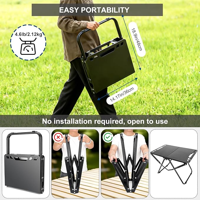 Tactical Camping Table Collapsible Table Lightweight with Carry Bag Durable Carbon Steel Outdoor Picnic Table for Camping Travel expeditions Hiking Picnics BBQs &amp Beach Trips - Black