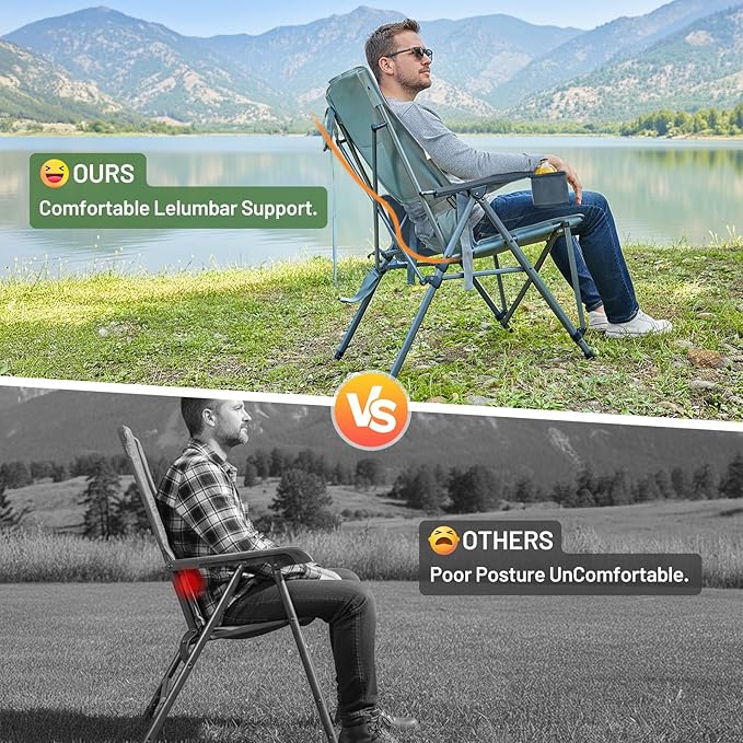 TIMBER RIDGE Oversized Camping Chair with Lumbar Support Portable Folding Chair Heavy Duty for Adults Supports 450 LBS for Outdoor Camping Lawn with High Back Cup Holder Side Pocket Grey