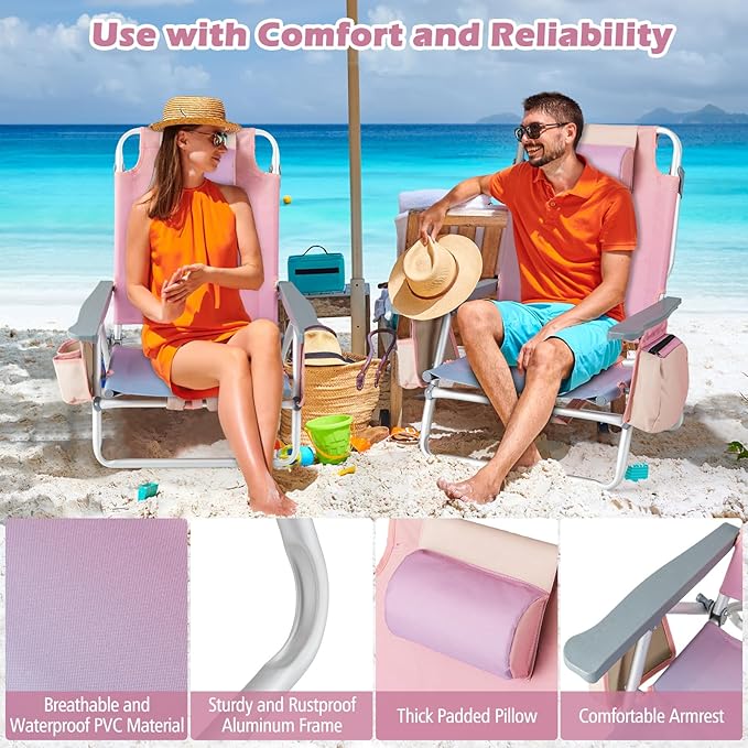 Goplus Beach Chair Folding Backpack Beach Chairs for Adults with 5 Positions Head Pillow Cooler Bag Towel Bar Cup Holders Sunbath Sling Tanning Lounge Foldable Layout Camping Chairs