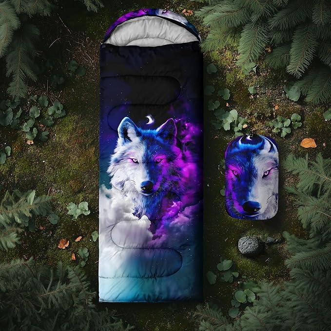 AILONEN Floral Wolf Sleeping Bag for Girls WomenWarm and Cool WeatherLightweightWaterproof BackpackingColorful Flower Animal Print Sleeping Bag for Camping