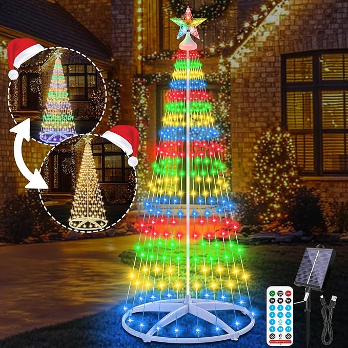 6ft Solar Powered Christmas Cone Tree Lights with Star Topper Outdoor Christmas Tree with 11 Modes Timer Remote Dimmable Waterproof for Yard Holiday Christmas Decoration Warm White &amp Multicolo