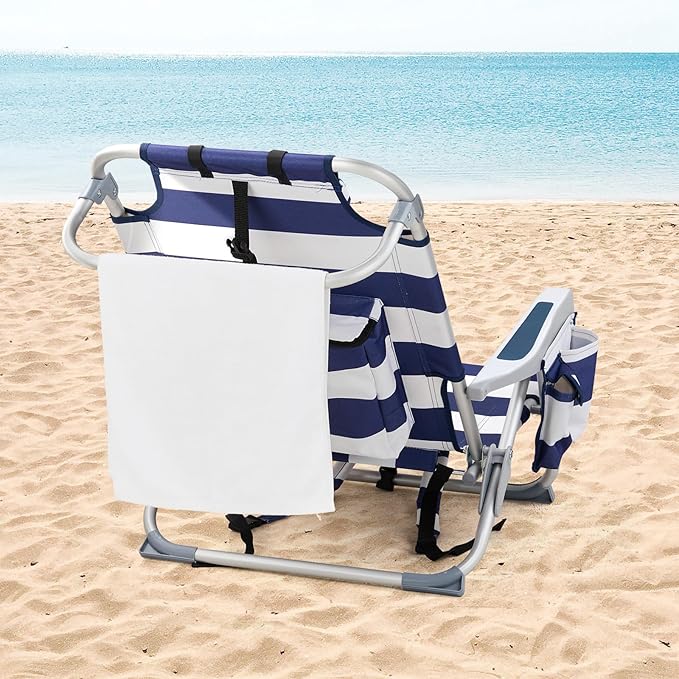 Low Beach Chairs for Adults 5-Position Reclining Backpack Beach Chair with Cooler &amp Storage Pouch Portable Lightweight Folding Aluminum Beach Chair with Cup Holder Supports 220lbs Blue Stripes