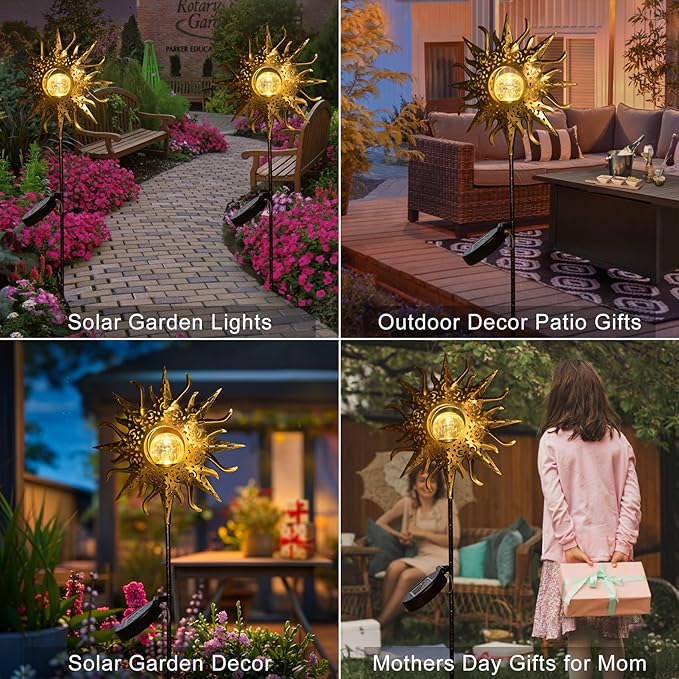 HOMEIMPRO Large Sun Solar Garden Decor Lights Outdoor Garden Gifts Mom Dad Crackle Glass Metal Stake Backyard Decor Waterproof LED Lights for Lawn Patio Ornaments Mothers Day Gifts for Women