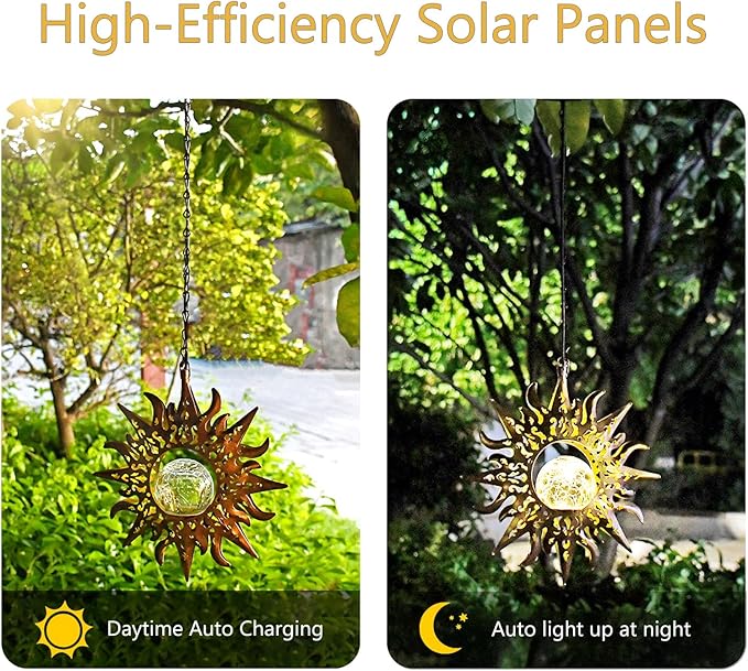 Solar Lights Outdoor Waterproof Garden Decor Hanging Sun Lanterns with Crackle Glass Ball LED for Garden Patio Yard Porch Unique Gardening Gifts for Women Mom Grandma