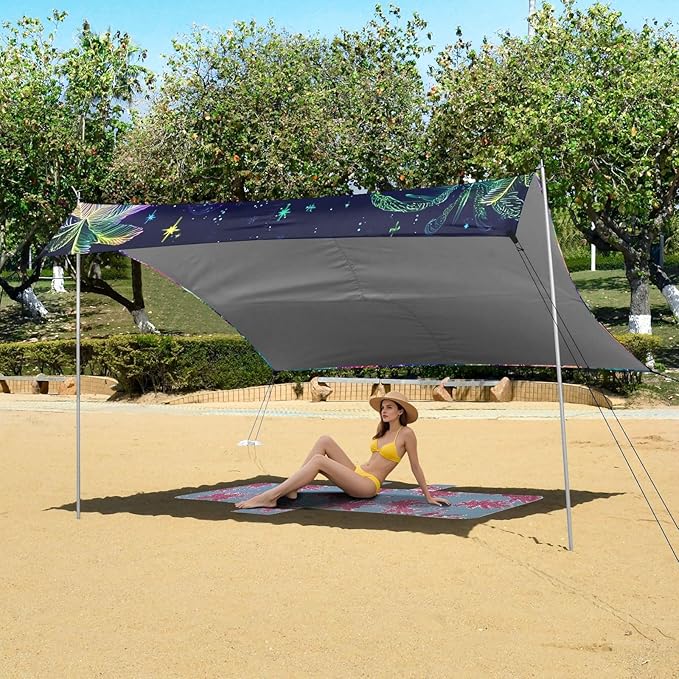 ALAZA Dolphin Tropical Summer Beach Tent Sun Shelter UPF50+ Protection Beach Shade Canopy w/ 4 Sandbags for Outdoor Camping Fishing Backyard Fun Picnic 10x9 ft