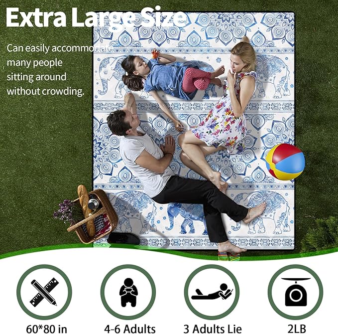 60x80 Picnic Blankets Outdoor Waterproof Beach Blanket Sand Repellent Packable Family Park Lawn Yard Play Mat Traveling Road Trips Organization Patio Garden Glamping Rv Gear Festival Gifts